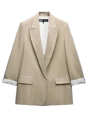 ZARA linen blend roll up sleeve open front blazer